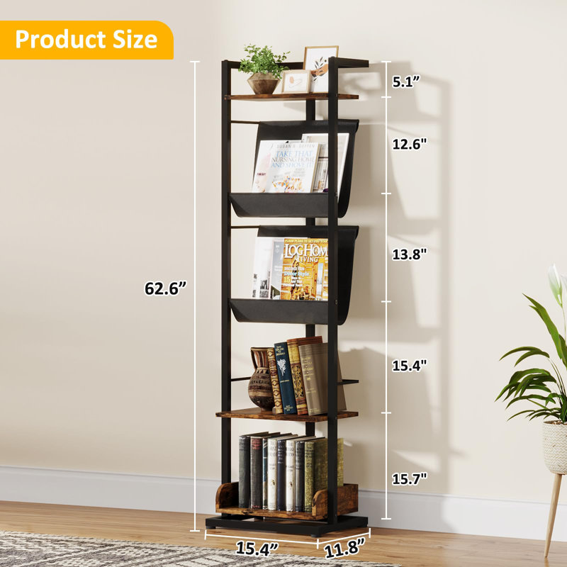 17 Stories 5 Tier Narrow Bookshelf Tall Industrial Wood Bookcase Wayfair
